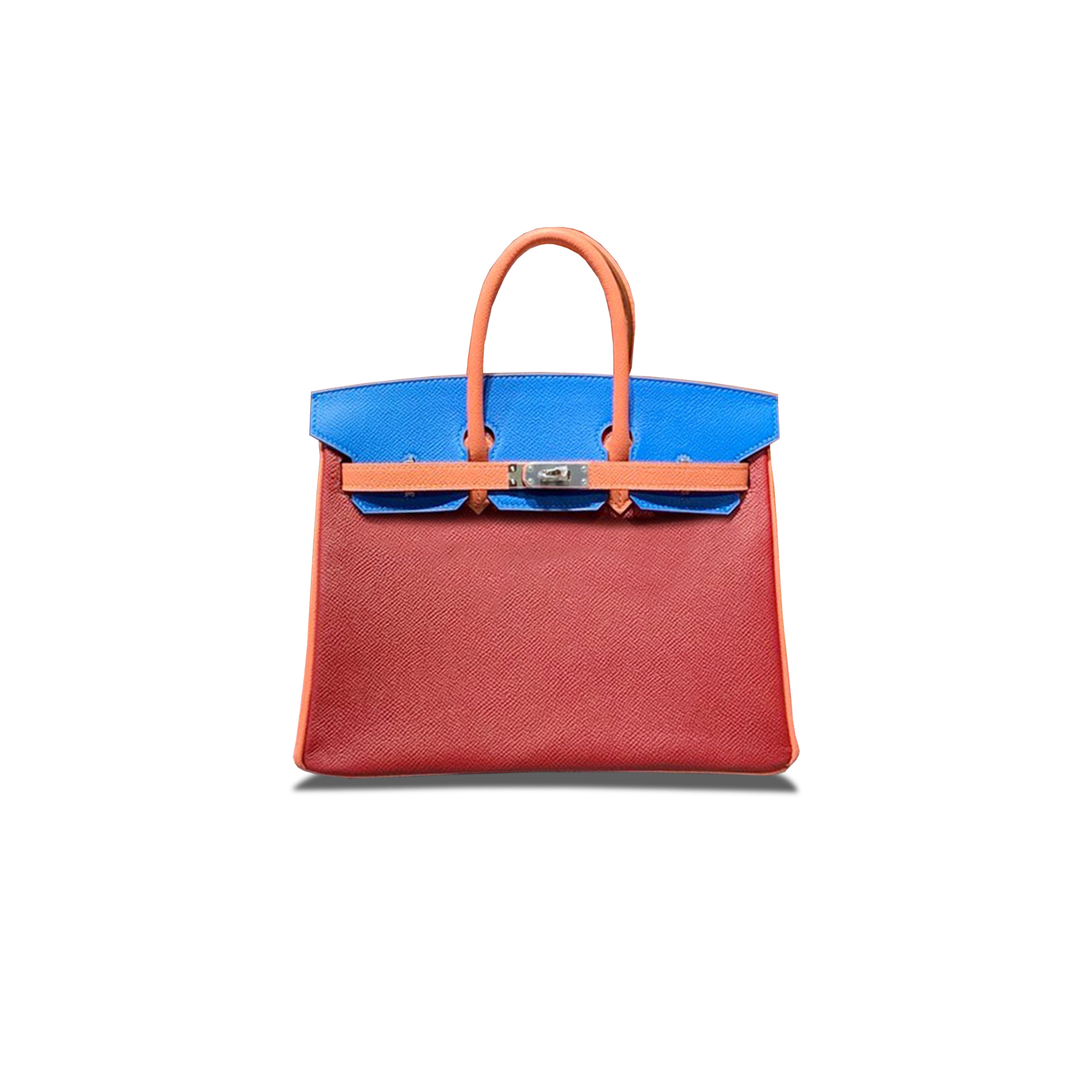 H**mes birkin 25 epsom ruby red lobster pink nylon blue silver buckle bag h028362cc08 (25*18*13cm)